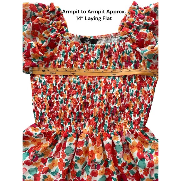 Lillusory Tiered Floral Dress Smocking Sweet Feminine Boho Flowy Coral Pink S - Picture 7 of 12